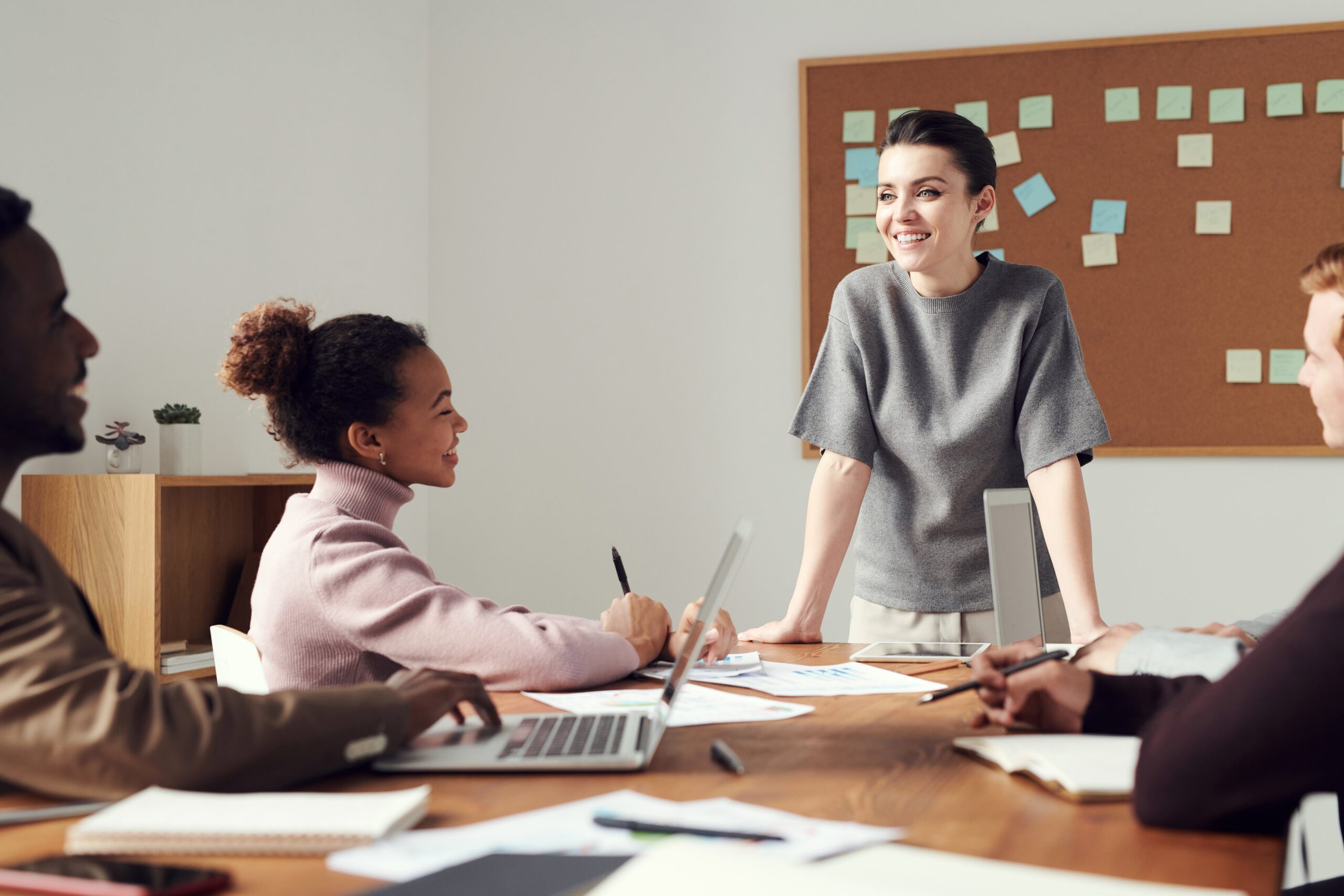 Productivity-enhancing office design with modern furniture and technology.